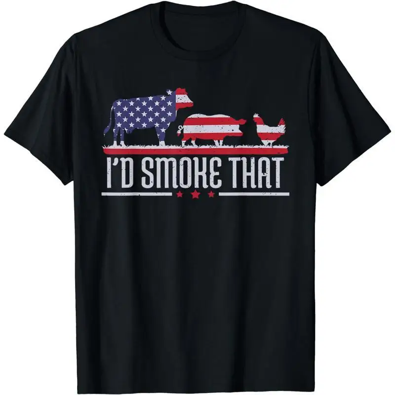 

Funny BBQ T-shirt I'd Smoke That Graphic Tee American Flag Cow Pig Chicken Slogan Unisex Casual Loose Fit Cotton Top