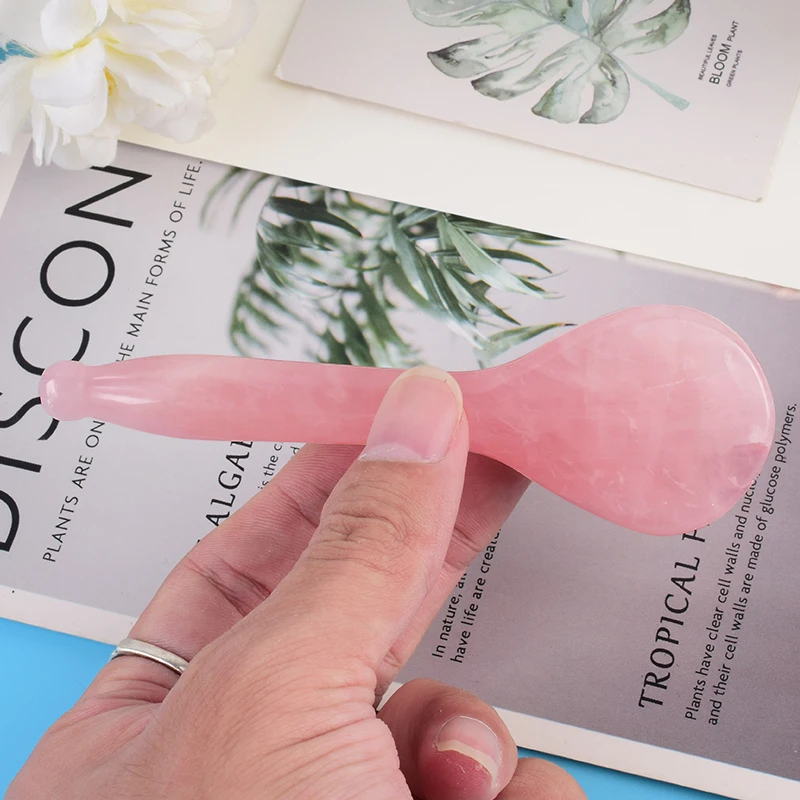 Rose Quartz Round Spoon Shaped Gua Sha Tool Face Massage Wand Head Neck Eye Acupuncture Pen Natural Stone Crystal Beauty Product