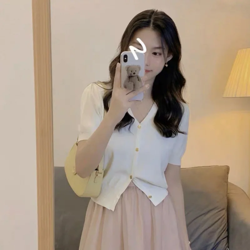 

Summer 2026 Slim Fit V-Neck Bubble Sleeve Knitted Short Sleeve Open Cardigan Women's Fashion French Style Loose Soft Fabric