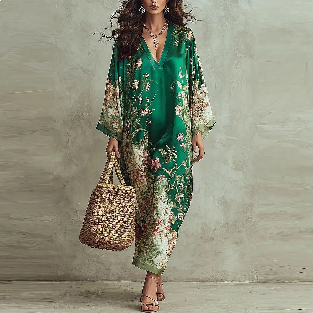 Deep V Neck Printed Maxi Dress Boho Style Floral Long Dresses Spring Summer