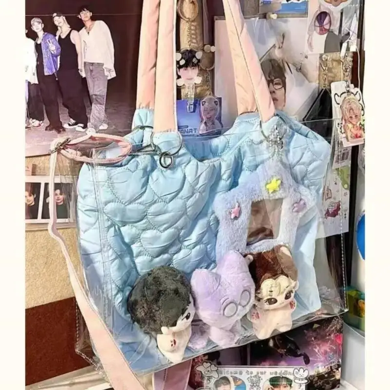 Bloom Haruku Blue Shoulder Bags Women Transparent Large Capacity Casual Tote Ladies Sweet Canvas Messenger Bag Aesthetic