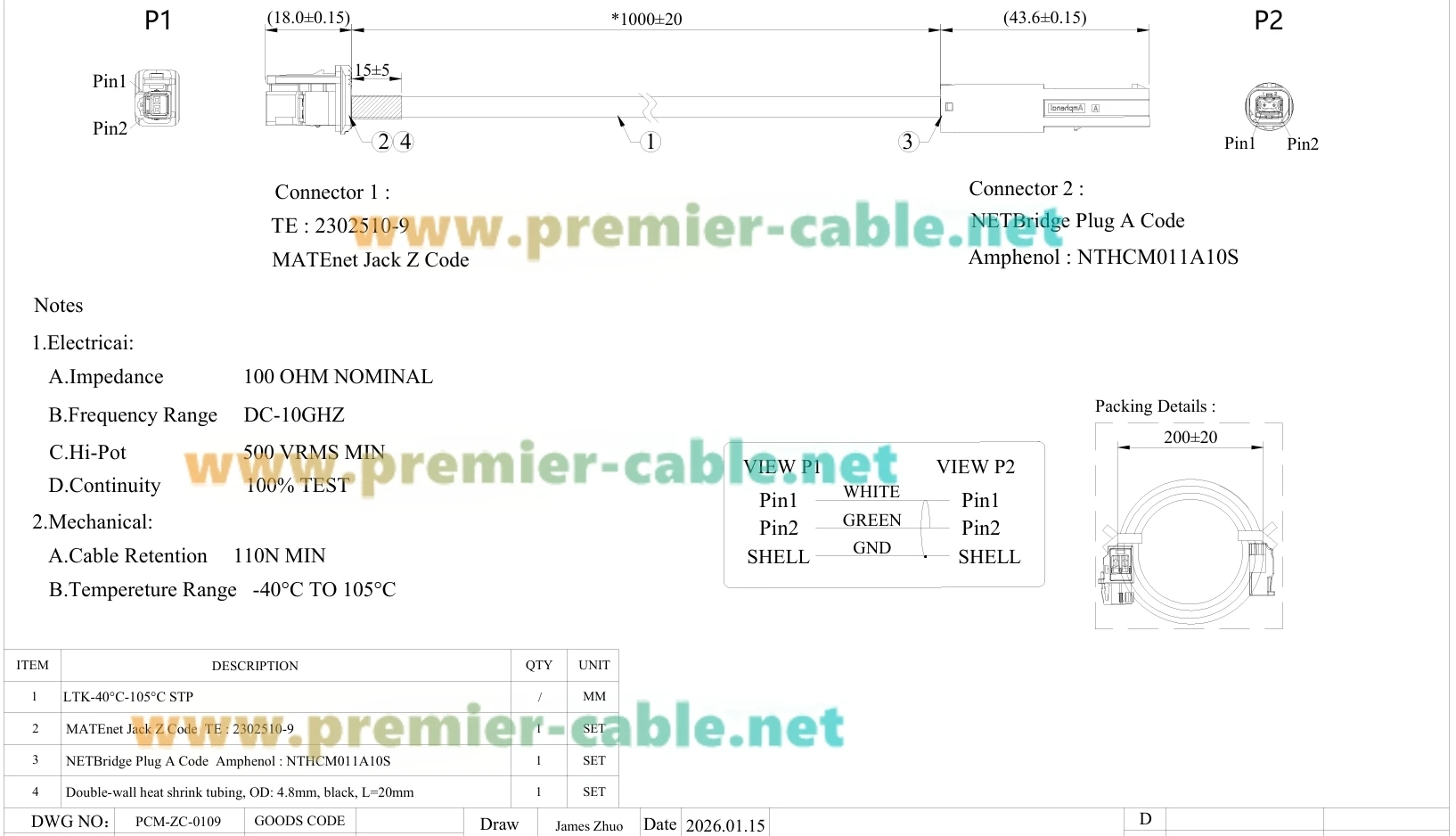 Amphenol NETBridge Stecker auf TE MATEnet Buchse Automobil-Ethernet-Kabel 100/1000BASE-T1 Abgeschirmtes Kabel NTHCM011A10S zu 2302510-9 – Detail 1