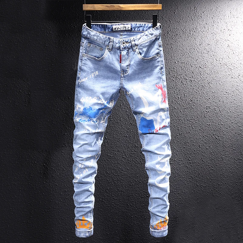 

Streetwear Fashion Men Jeans Retro Light Blue Slim Printed Jeans Men Punk Trousers Painted Designer Hip Hop Denim Pencil Pants