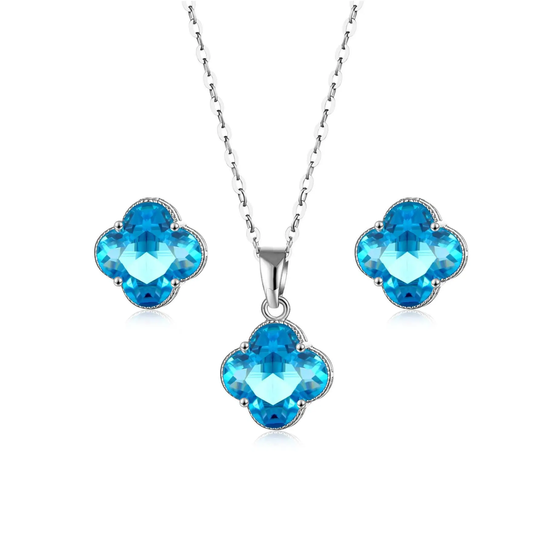 Fashion Jewelry Set Clover Pattern Multicolor Zircon-Setting Crystal Earrings Necklace Set