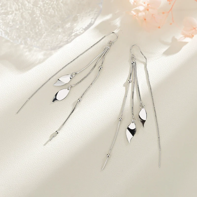 Leaf Tassel Long Ear Line Simple and Elegant Snake Bone Chain Earrings Geometric Ear Chain For Women 925 Silver Jewelry KOFSAC