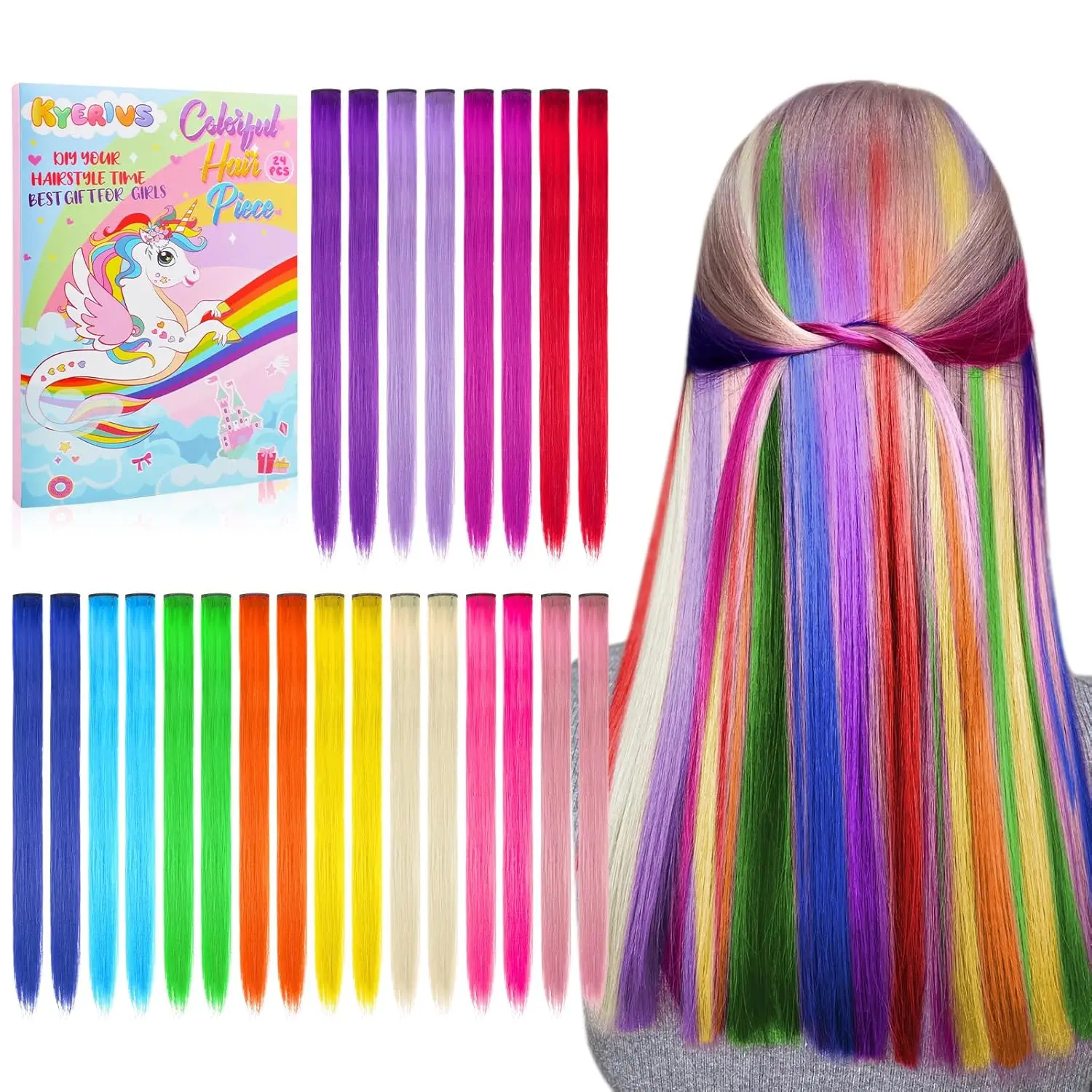 

22inch Rainbow Clip in Hair Extensions 12 Colors 24pcs Heat-Resistant Straight Highlight Hairpieces for Party