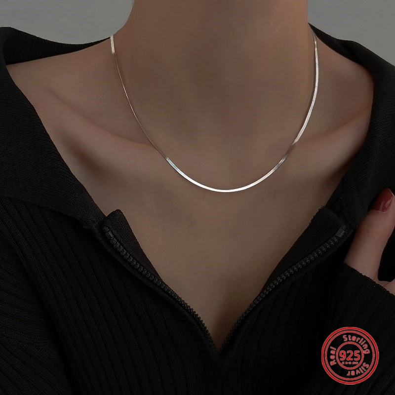 

Luxury High Quality Simple Flat Snake Bone Chain 925 Sterling Silver Pendant Necklace Women's Jewelry Gift Box Birthday Surprise