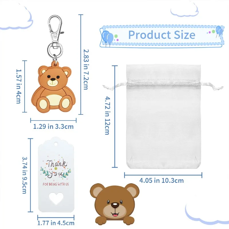 30sets Bear Party Favors, Bear Keychains with Organza Bags and Thank You Tags for Baby Shower and Bear-Themed Party Favors
