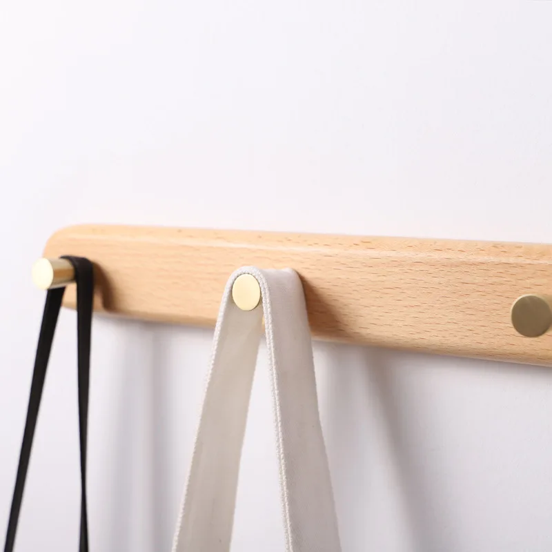 Walnut Wood Wall Non-perforated Mounted Coat Rack with Brass Hooks-Minimalist Entryway Organizer for Keys, Bags, Hats & Towels