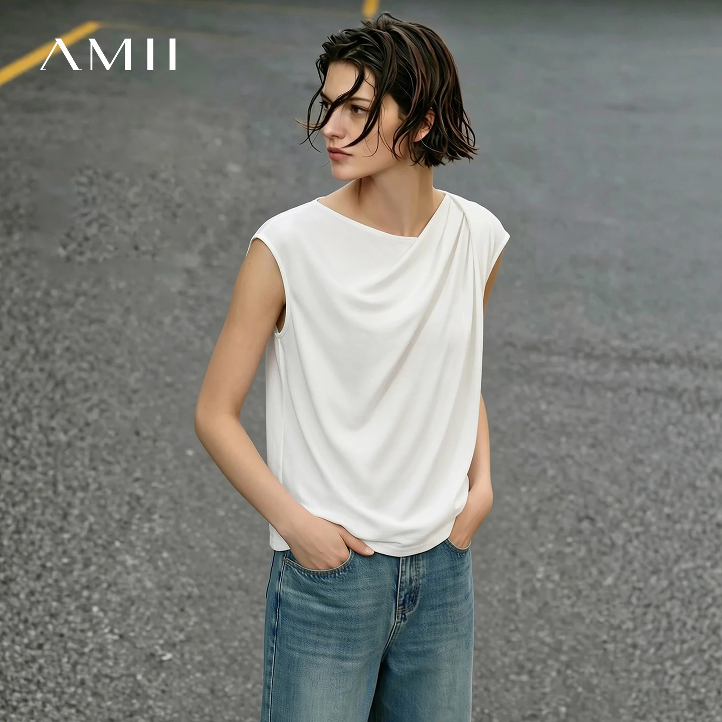 Amii Off Shoulder Women's T-Shirt 2026 Summer New Cap Sleeve Asymmetric Pleated Top Simple Office Casual Tee For Women 12622118