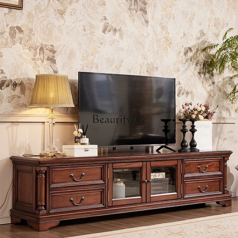 

05-American neoclassical all-solid wood TV cabinet, living room simple log retro audition cabinet