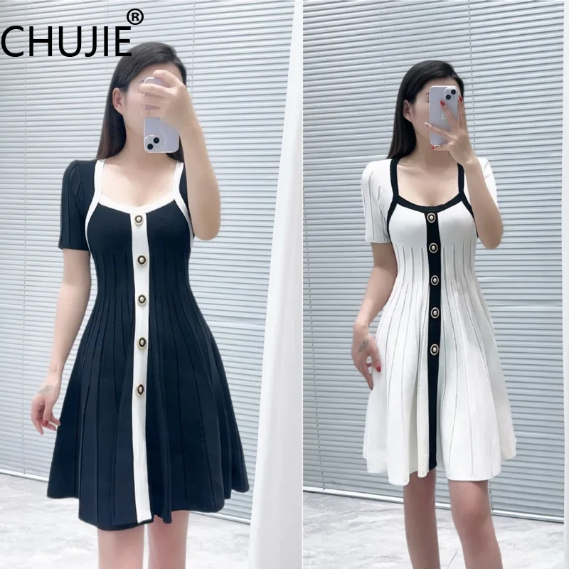 

CHUJIE 2025 Summer French Elegance Dress - Black & White Color Block Square Neck Ruffled Mini, Slim Fit Viscose+Nylon Blend