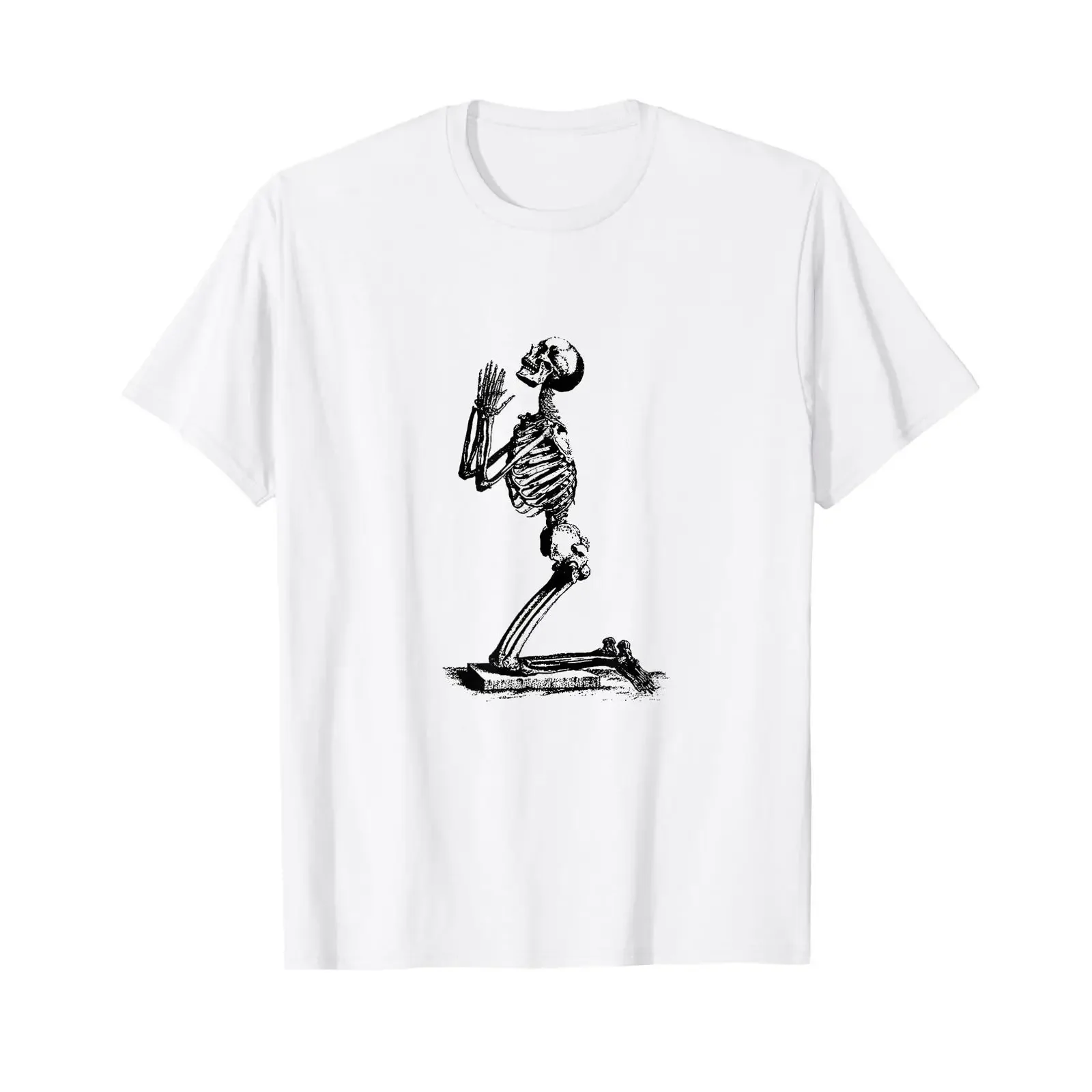 Praying Skeleton Illustration T Shirt vintage Washed Breathable Slightly Top For Everyday Wear Stretched graphic Stylish