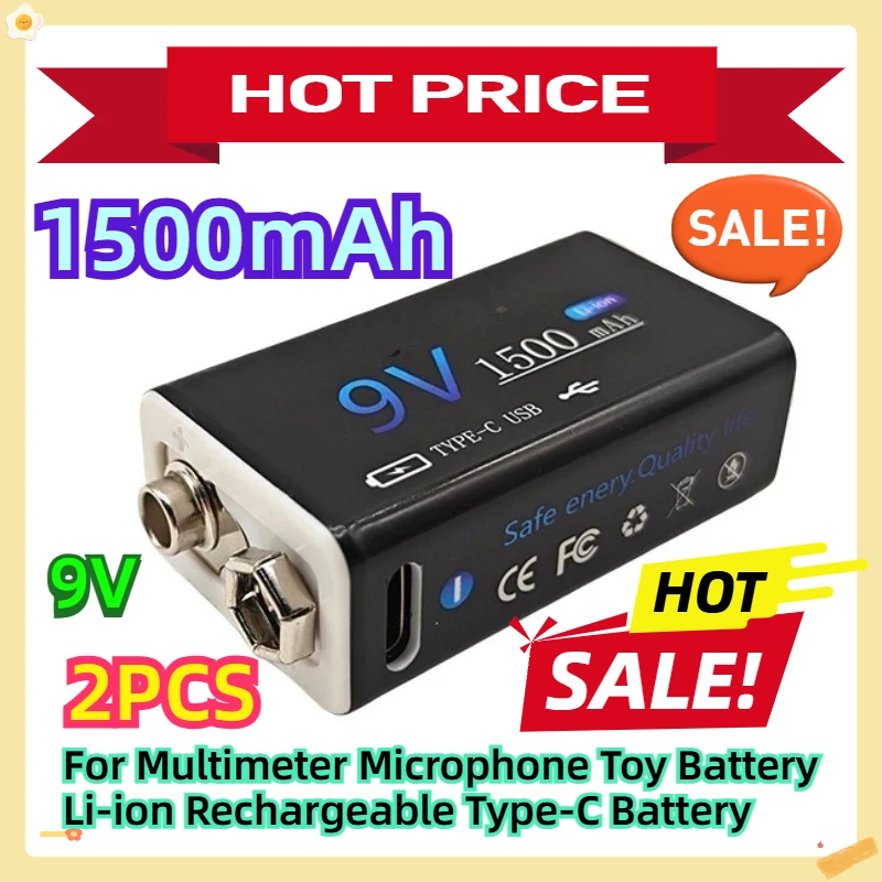 

For Multimeter Microphone Toy Battery Li-ion Rechargeable Type-C Battery 9V 1500mAh 2pcs