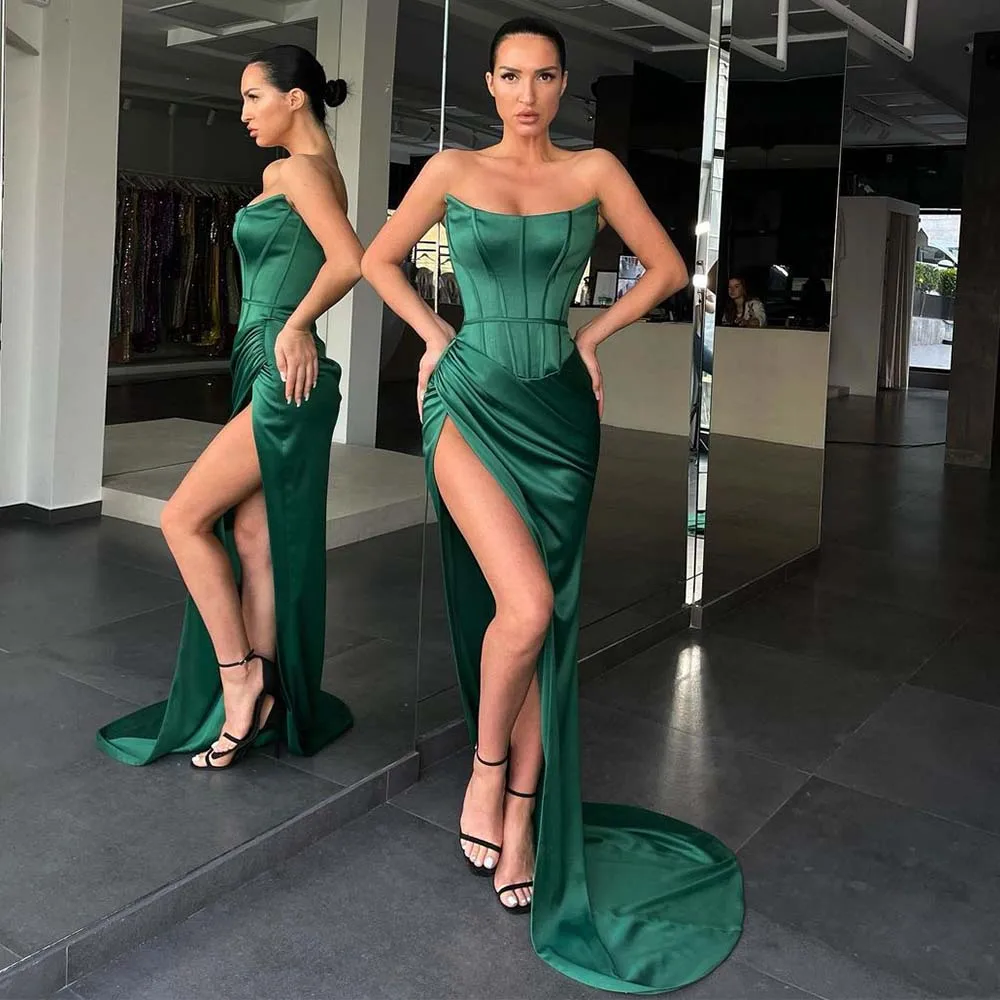 

Green Formal Party Dresses 2022 Women Sleeveless Pleat Sexy Long Evening Dress Sleeveless Side Split Satin Mermaid Pageant Gowns