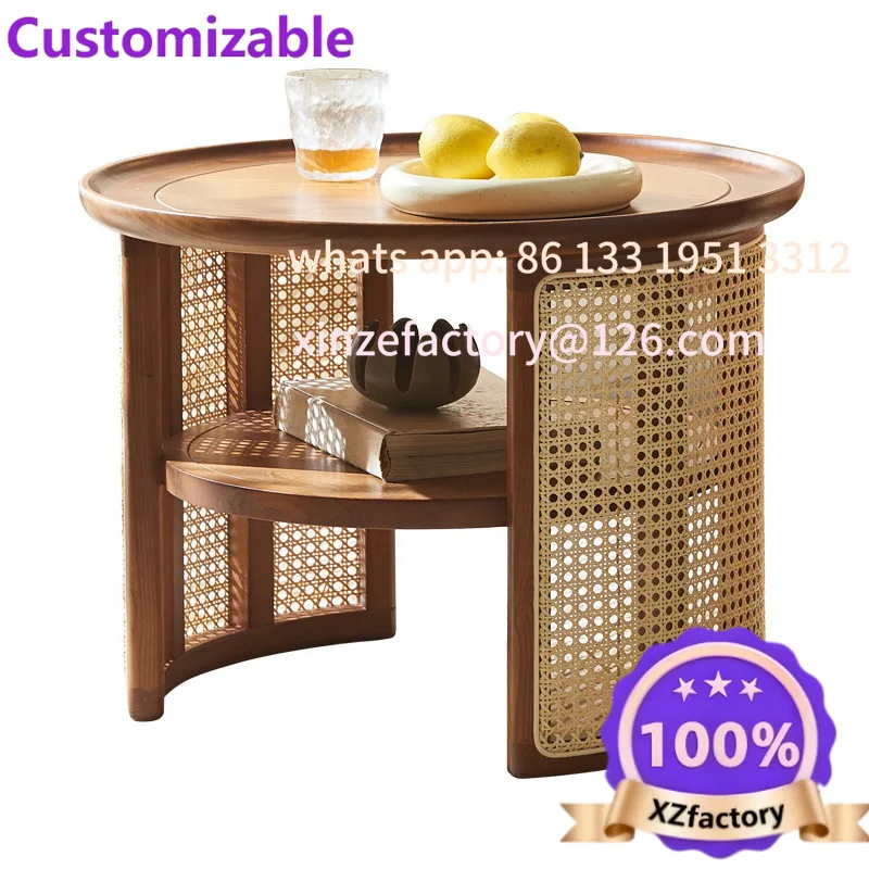 Customizable Nordic round coffee table combination Modern minimalist wabi-**** retro solid wood rattan round edge few Japanese-s
