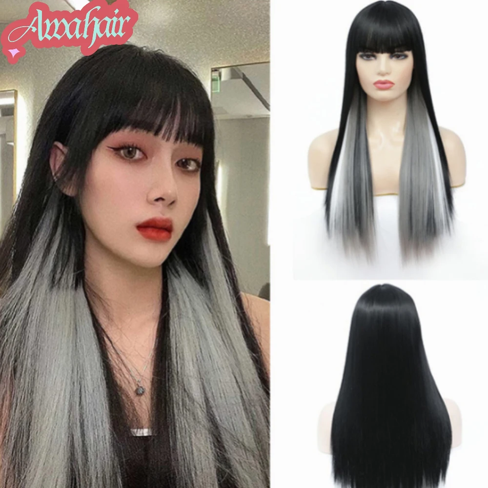 

Awahair Synthetic Fiber Black Mixed Gray Long Straight Wig with Bangs Heat Resistant Women's Headgear Daily Wear Cosplay Hair