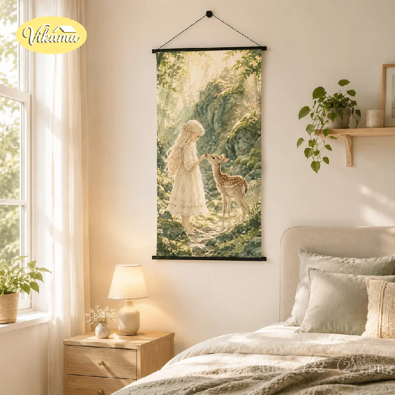 VIKAMA Vertical Anime Hanging Scroll Blonde Girl Feeding Deer Forest Canvas Poster Wall Hanging Nature Style Room Decor