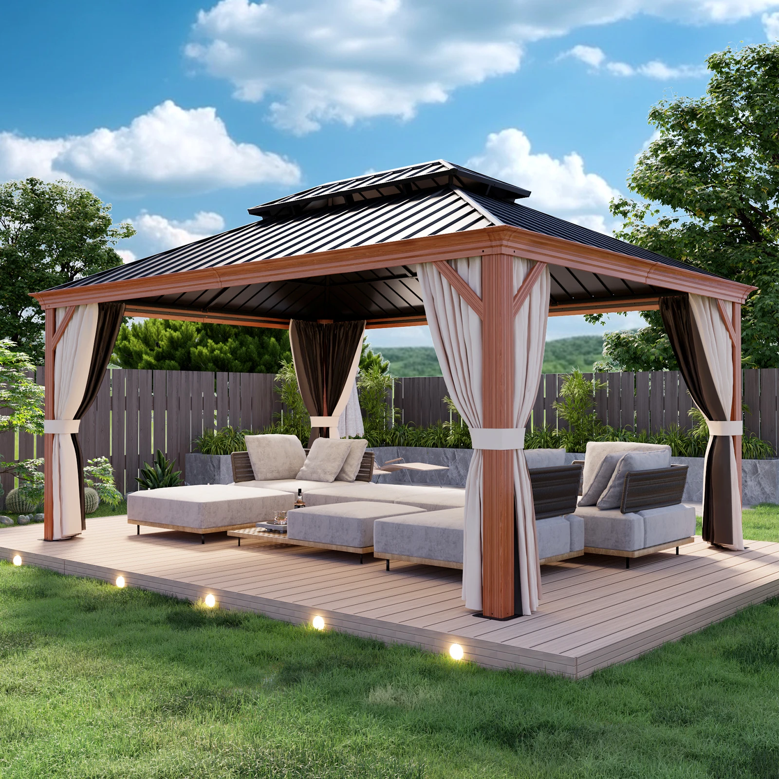 

12x16 Hardtop Gazebo, Wood Grain Aluminum Frame with Galvanized Steel Double Roof, Outdoor Pavilion with Netting and Curtains, Wood Grain/Black