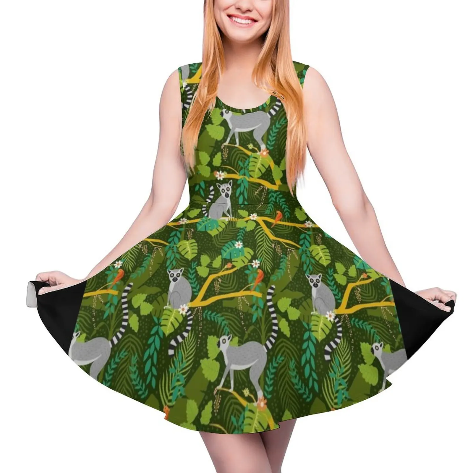 

Lemurs in a Green Jungle Sleeveless Dress dress for woman women"s summer jumpsuit