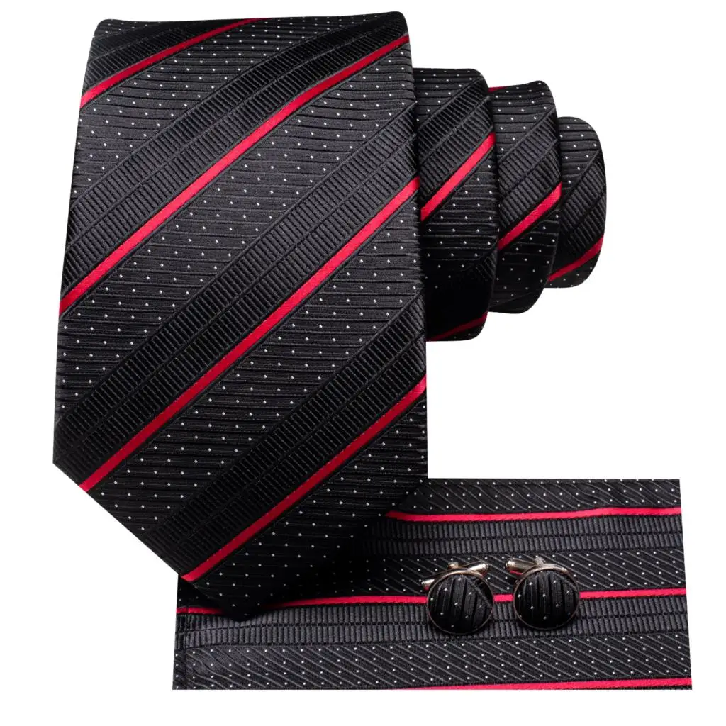 Hi-Tie Striped Black Red Mens Fashion Necktie Handkerchief Cufflinks for Tuxedo Accessory Classic Silk Luxury Tie for Man Gift