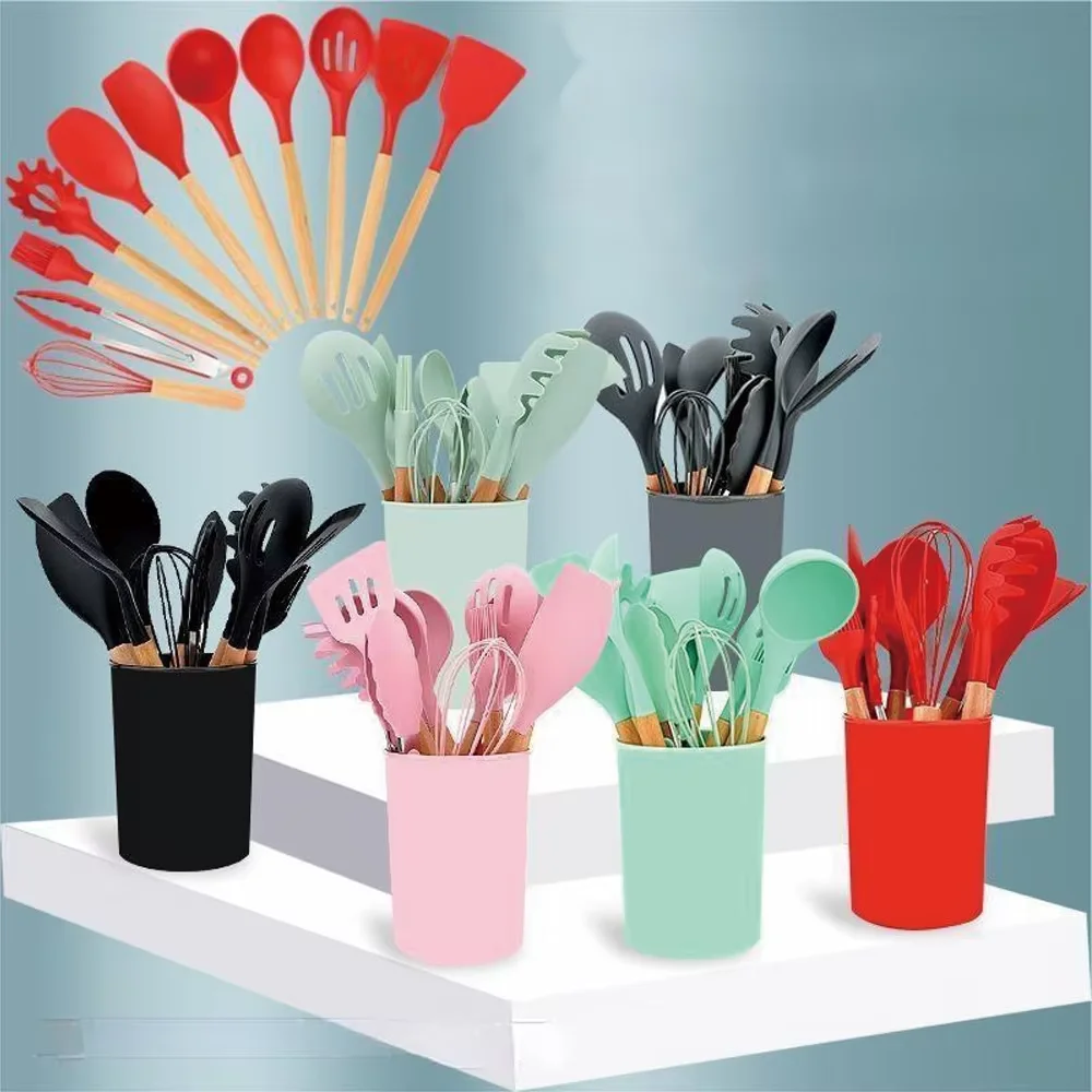 Silicone Kitchen Utensils Set with Wooden Handle, Cooking Gadgets, Plastic Holder, 12Pcs