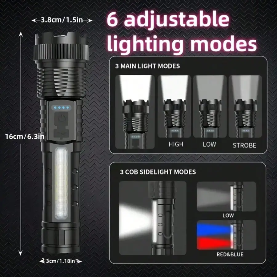 Rechargeable LED Flashlight High Lumen Zoomable 6 Mode with COB Side Light for Camping Hiking Emergency