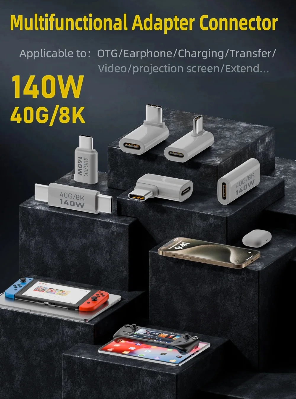 PD140W USB3.1 Type C to USB C Fast Charging Adapter 40Gbps Data Sync Connector 8K@60Hz USB C OTG Converter for MacBook