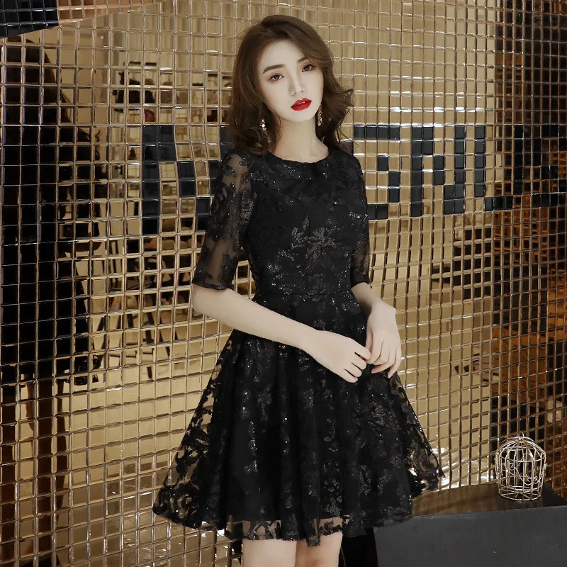 

A-Line Sexy Celebrity Banquet Dress Appliques Sequins Black Cheongsam O-Neck Perspective Back Qipao Bling Mesh Short Vestidos