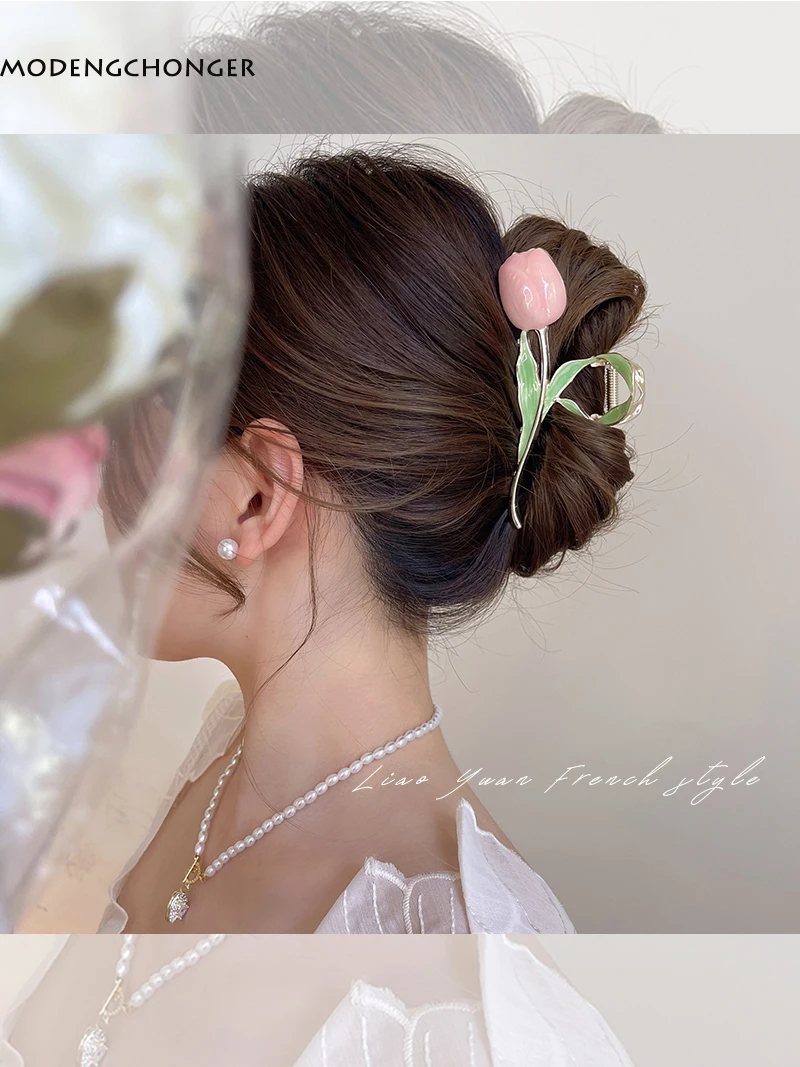 Sweet Trendy Fairy Back Of Head Elegant Metal Tulip Shark Clip Korean Style Hair Crab Clip Female Hair Claw Headwear