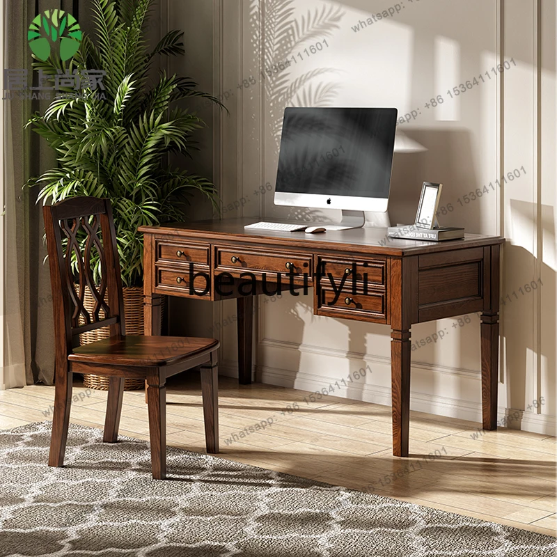 American rural ash wood solid wood desk with chair 1.2 meters office 1.45 meters computer desk water-based paint white