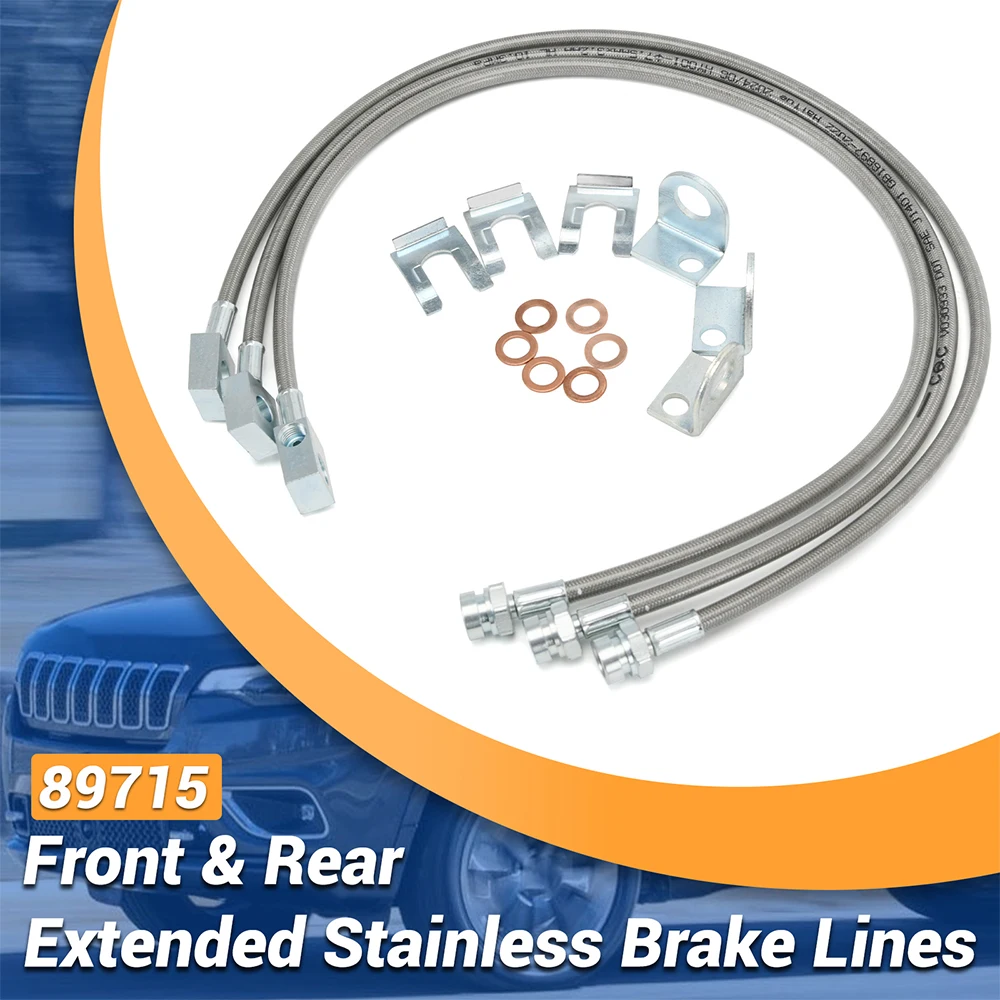 

89715 Front & Rear Extended Stainless Brake Lines For Jeep Cherokee Xj 84-01 For Jeep Wrangler YJ TJ 87-06, (4-6" lift)