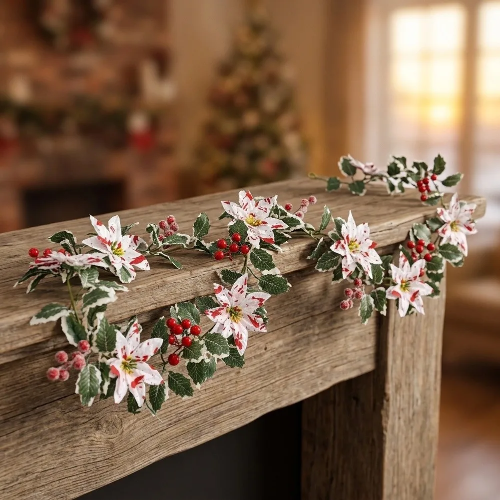 175cm Artificial Poinsettia Garland with Lifelike Red and White Berries for Christmas Fireplace Staircase and Front Door Decor