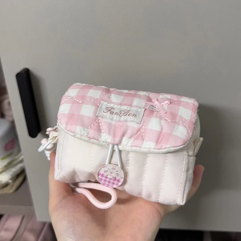 Cute Pink Plaid Quilted Cosmetic Bag Sweet Lace Bow Small Storage Pouch Portable Makeup Bag Girls Coin Purse Lipstick Organizer
