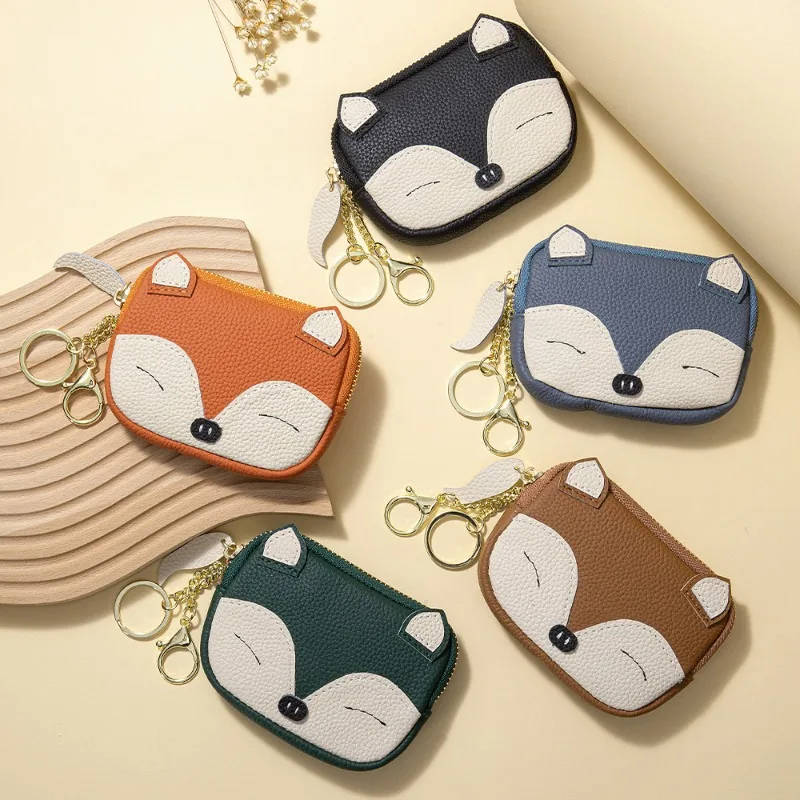 Genuine Leather Cute Fox Coin Purse for Women, Cartoon Embroidery Mini Wallet with Keychain, Multi-Purpose Small Pouch for Keys