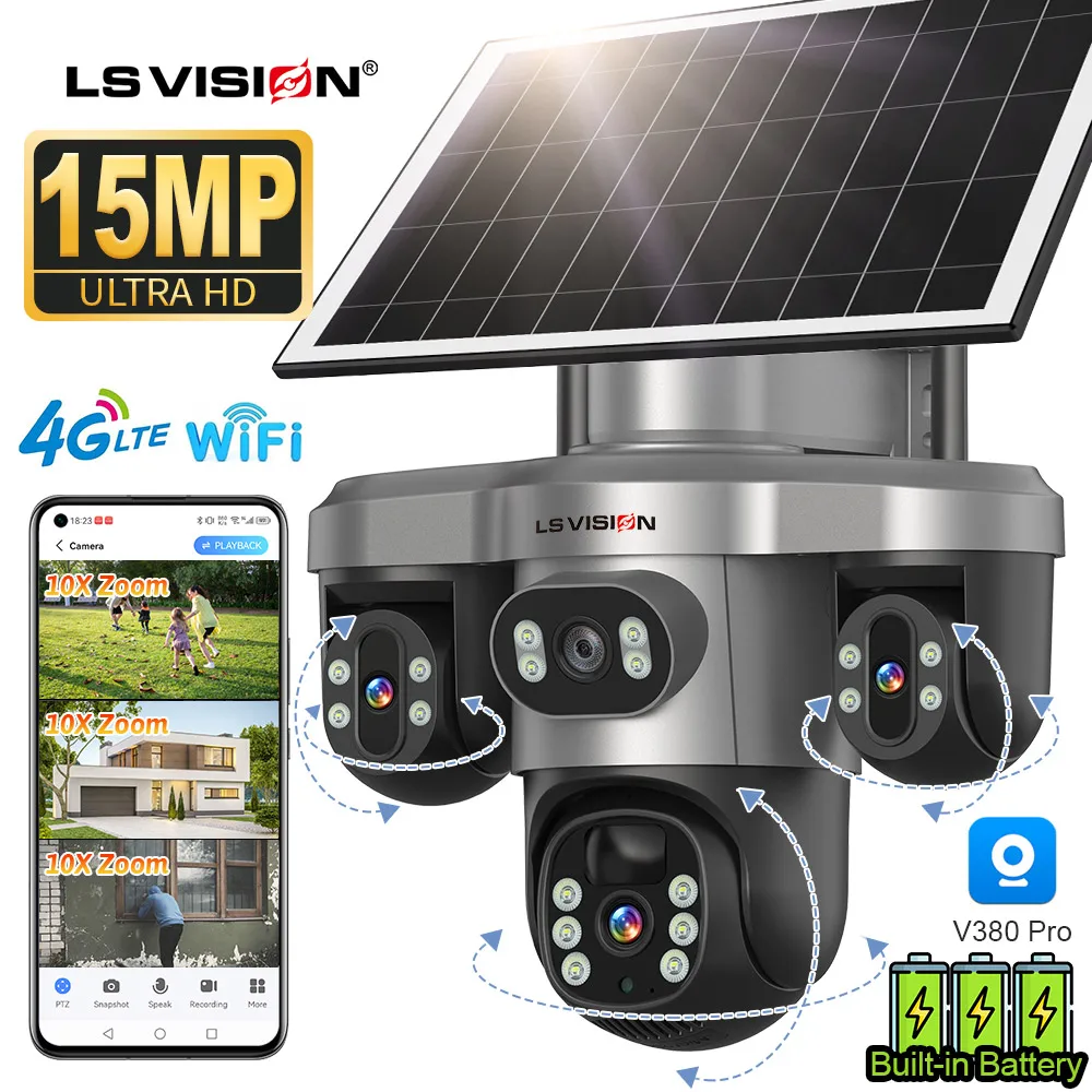 

LS VISION 15MP Three PTZ Lens Solar Camera Outdoor WiFi/4G Three Screen 10X Digital Zoom Auto Tracking Security Cameras V380 Pro