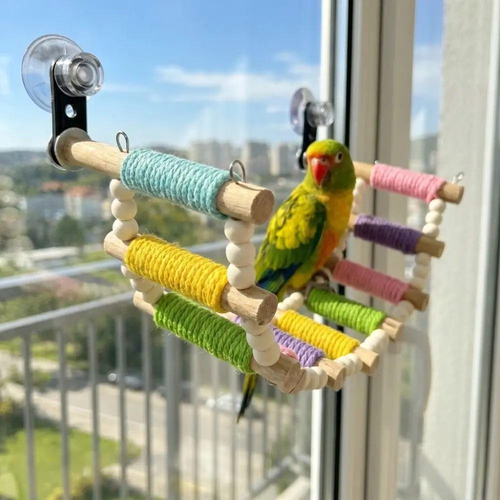 Colorful Bird Cotton Rope Ladder Suction Cup 5/6/7/8//9/10 Steps Parrot Climbing Anti-anxiety Wear Resistant Wooden Bird Perch