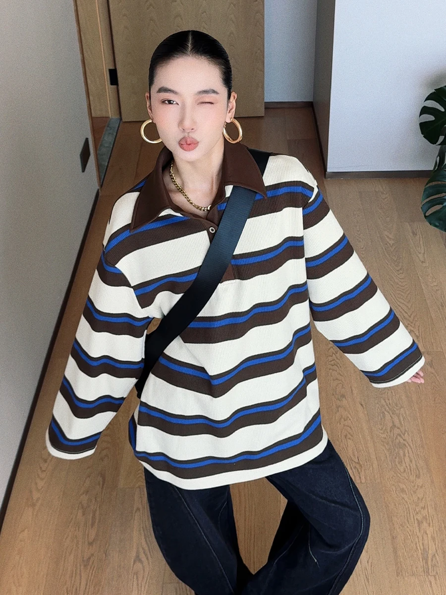 

CIZZLEMORE American Sle College Wind Stripe Long Sve Loose Collar Sweatirt T-irt Anti-Aging Faion Women's Clo...