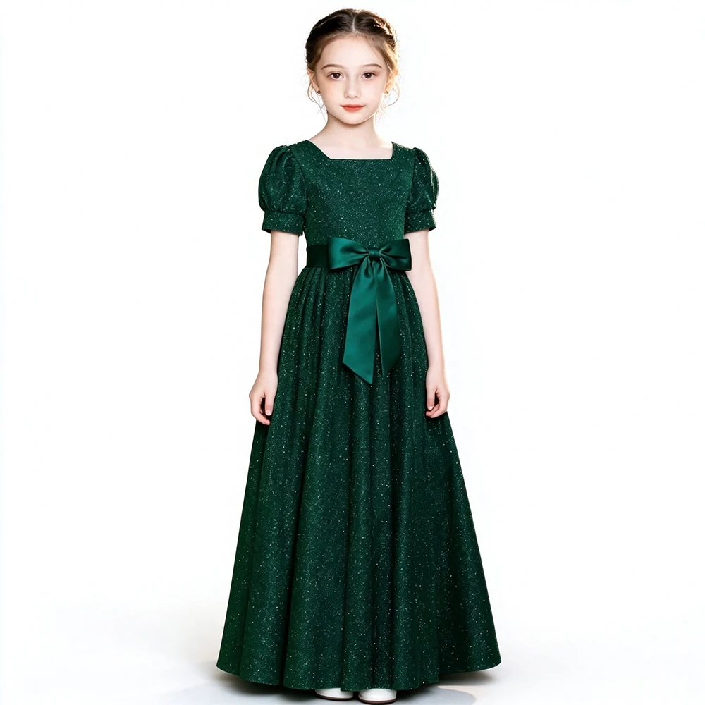 Dark Green Girls Evening Prom Birthday Party Dress Short Sleeve Glitter Fabric Princess Pageant Piano Recital Banquet Ball Gown