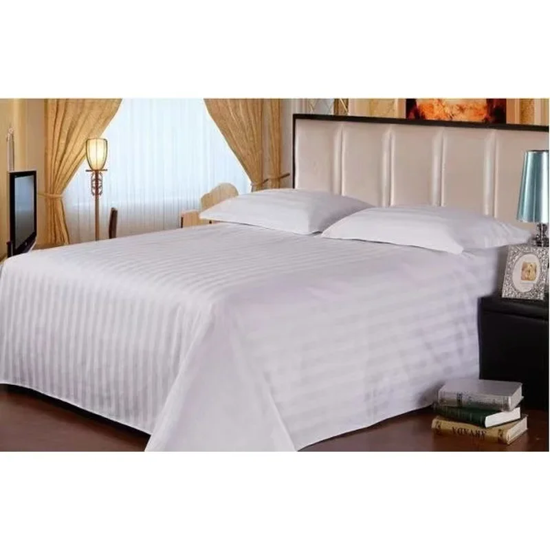 Luxury 4 Piece White 100 Cotton Satin Stripe Bedding Set Hotel Guest Room Bed Sheet Duvet Cover Linen Bed Linens for Home Commer