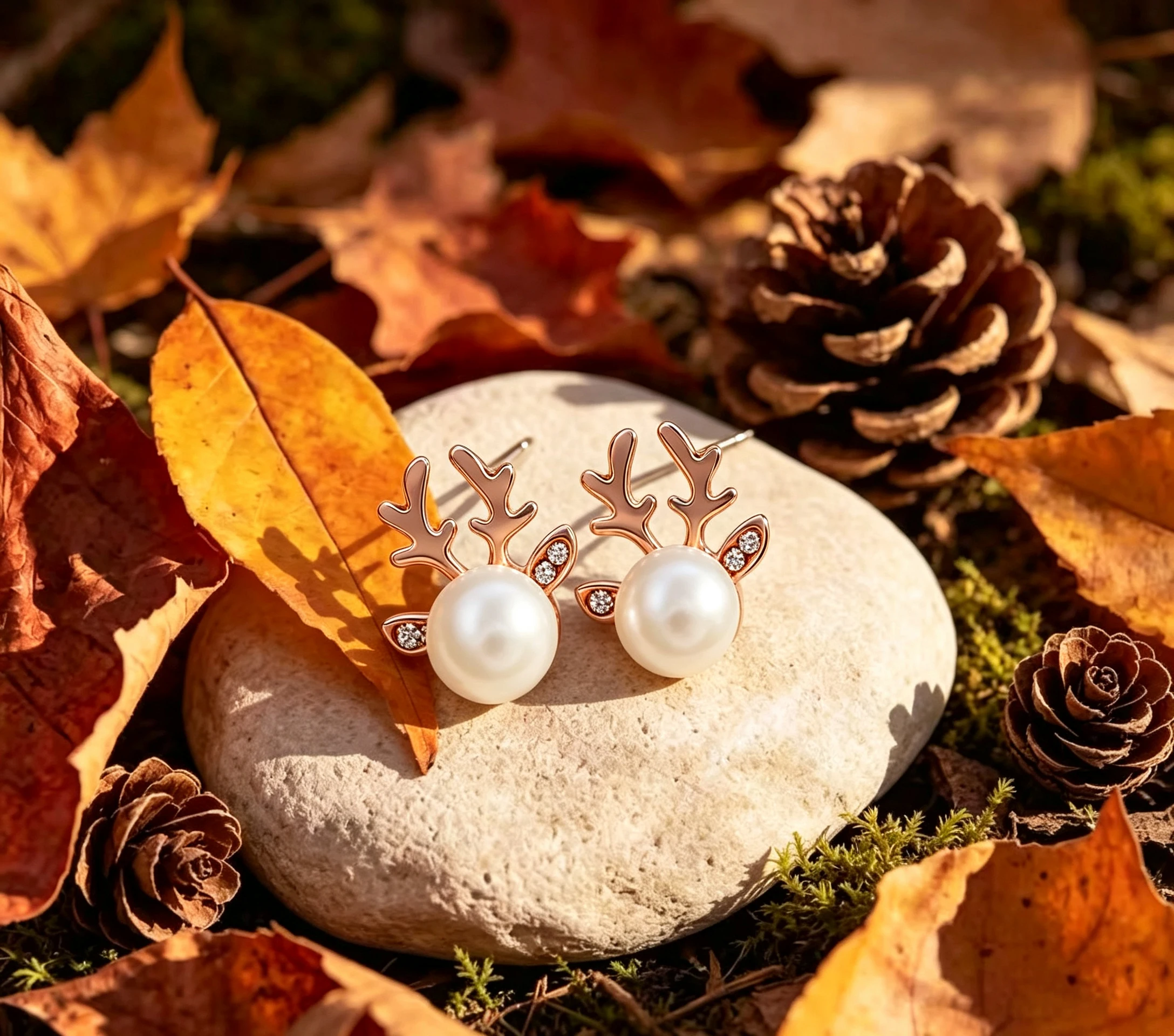 A pair of imitation pearl antler earrings, with sparkling CZ embedded in the antlers, to be worn in daily work.