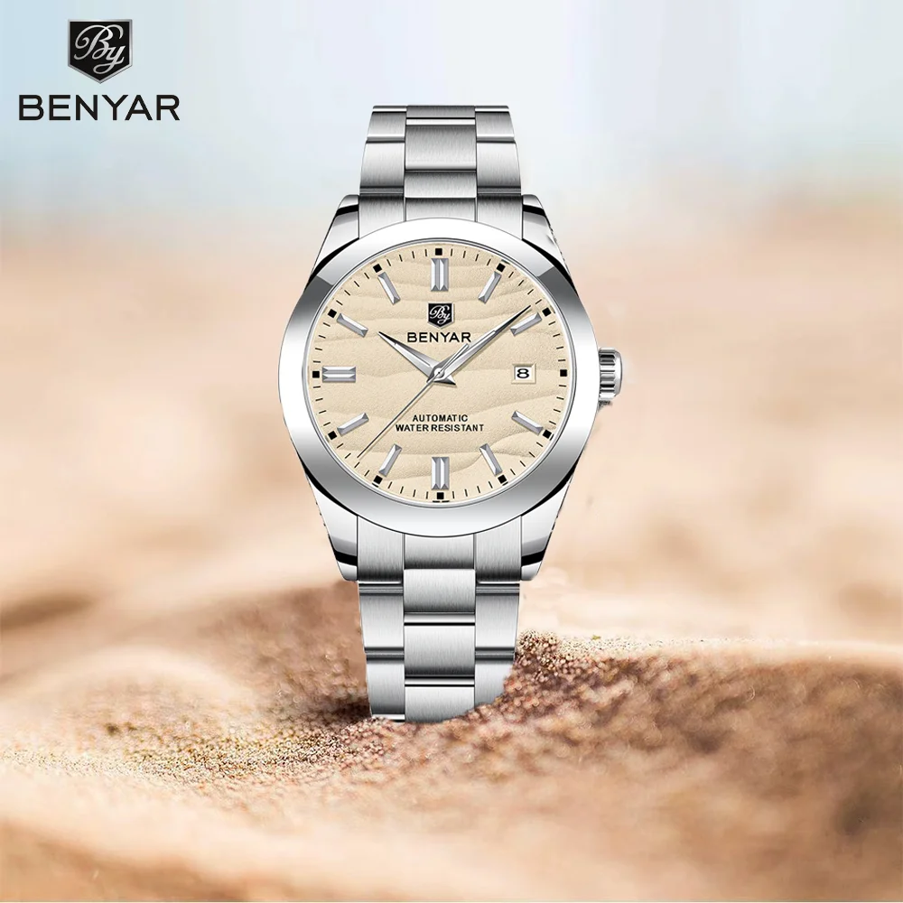 BENYAR Luxury Brand 40MM Sand Grain Dial Men's Watch, Stainless Steel 50 Meter Waterproof Automatic Mechanical Watch