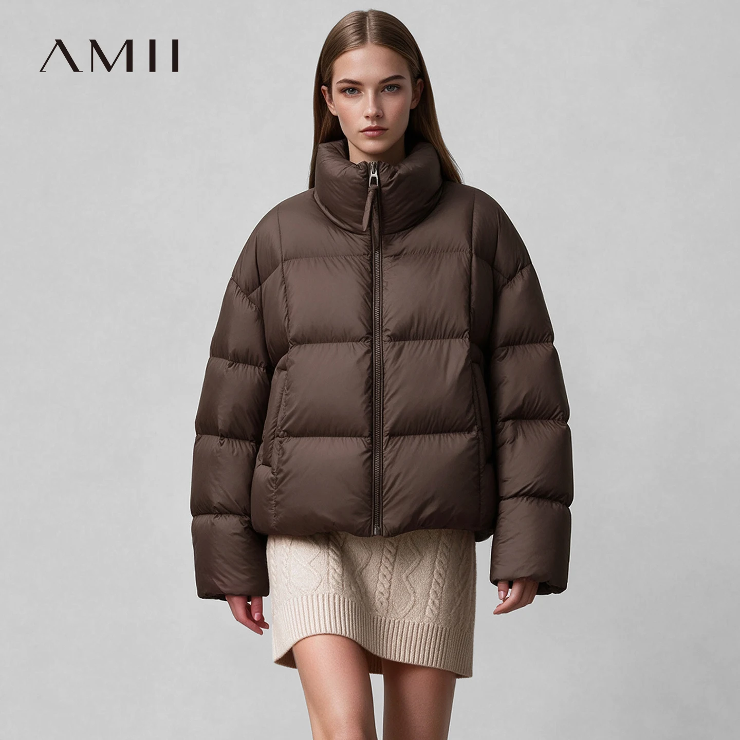 Amii Women's Winter Down Jacket 2026 New Warm Stand Collar Hoodless Zipper Women's Outerwear Women's Puffer Jacket 12644026