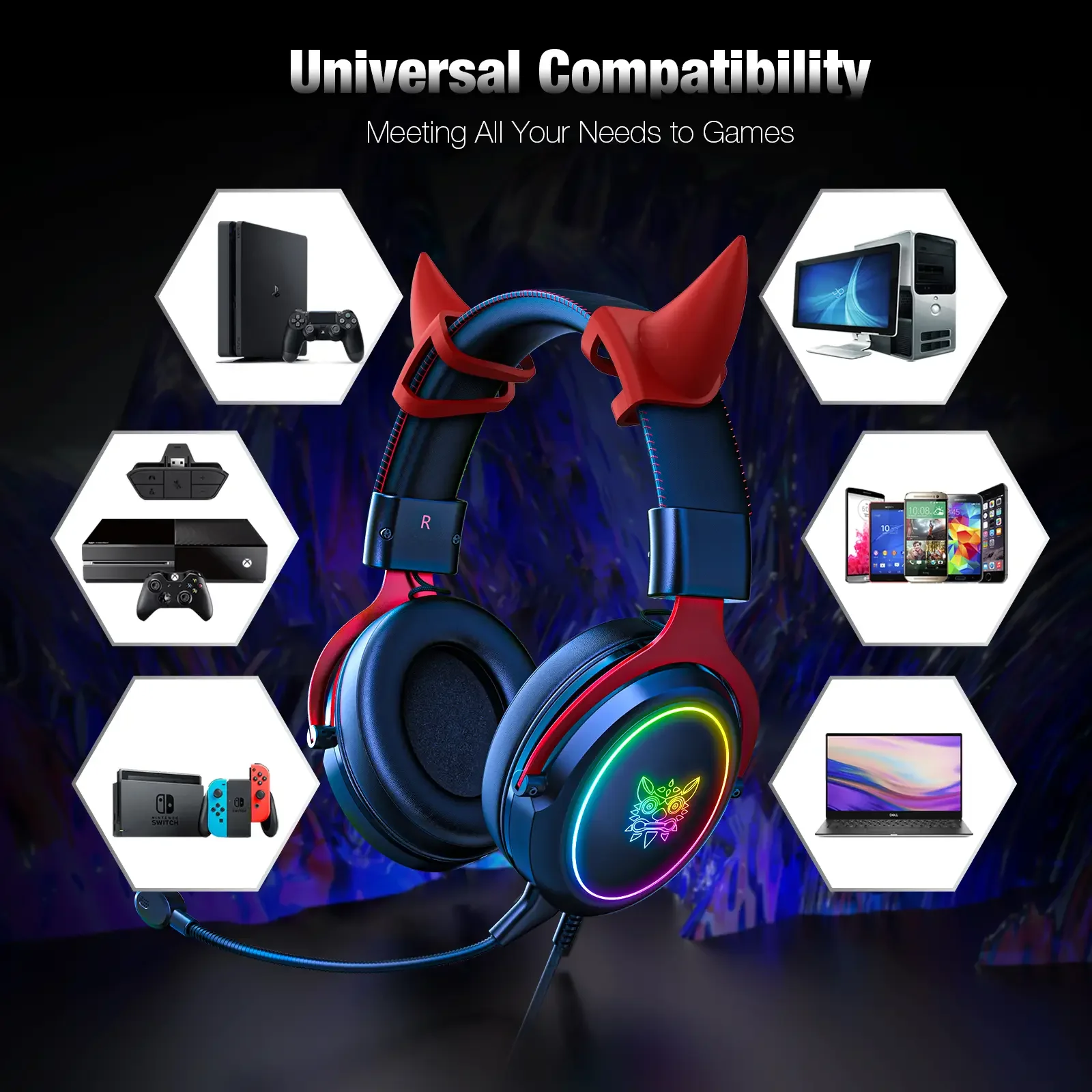 ONIKUMA X10 Gaming Headset with Cow Horn Wired Headphone RGB Light HD Mic Gaming Headset Gamer Surround Computer Earphones