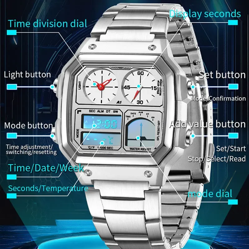 SANDA ساعة إلكترونية فاخرة للرجال موضة رياضية متعددة الوظائف لقياس درجة الحرارة مقاومة للماء LED ساعة يد كوارتز للطلاب