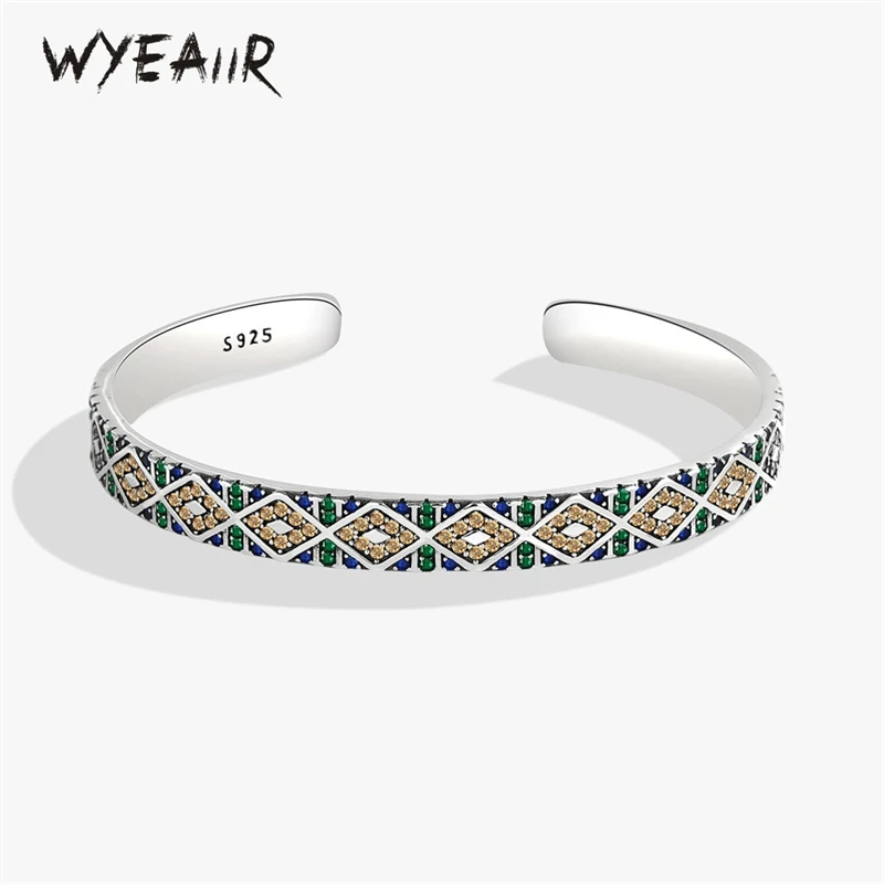 WYEAIIR 925 Sterling Silver Vintage Shiny Colorful Zircon Angel\'s Eye Resizable Opening Bangle For Women Luxury Jewelry Gift