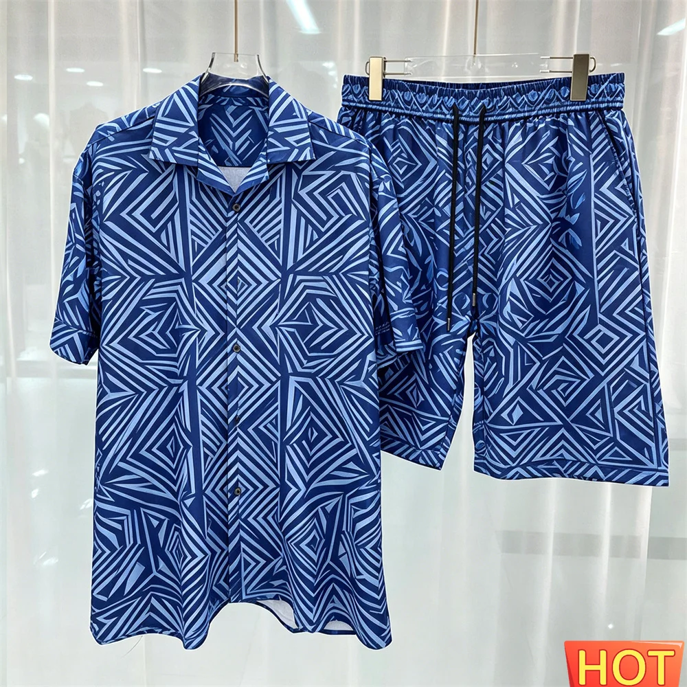 Geometric Pattern Men's Shirt Set Summer men's casual two-piece set breathable 2 piece set Shirt shorts men' outfit Men clothing
