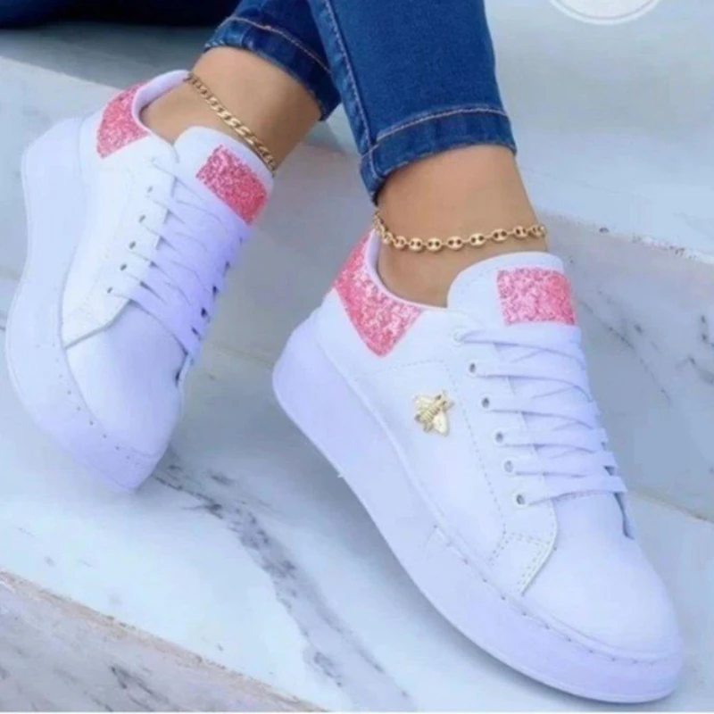 White Sequins Sneakers Women Bees Thick Bottom Trainers Korean Style Round Head Running Shoes Fall Lace Up Flats Sapato Feminino