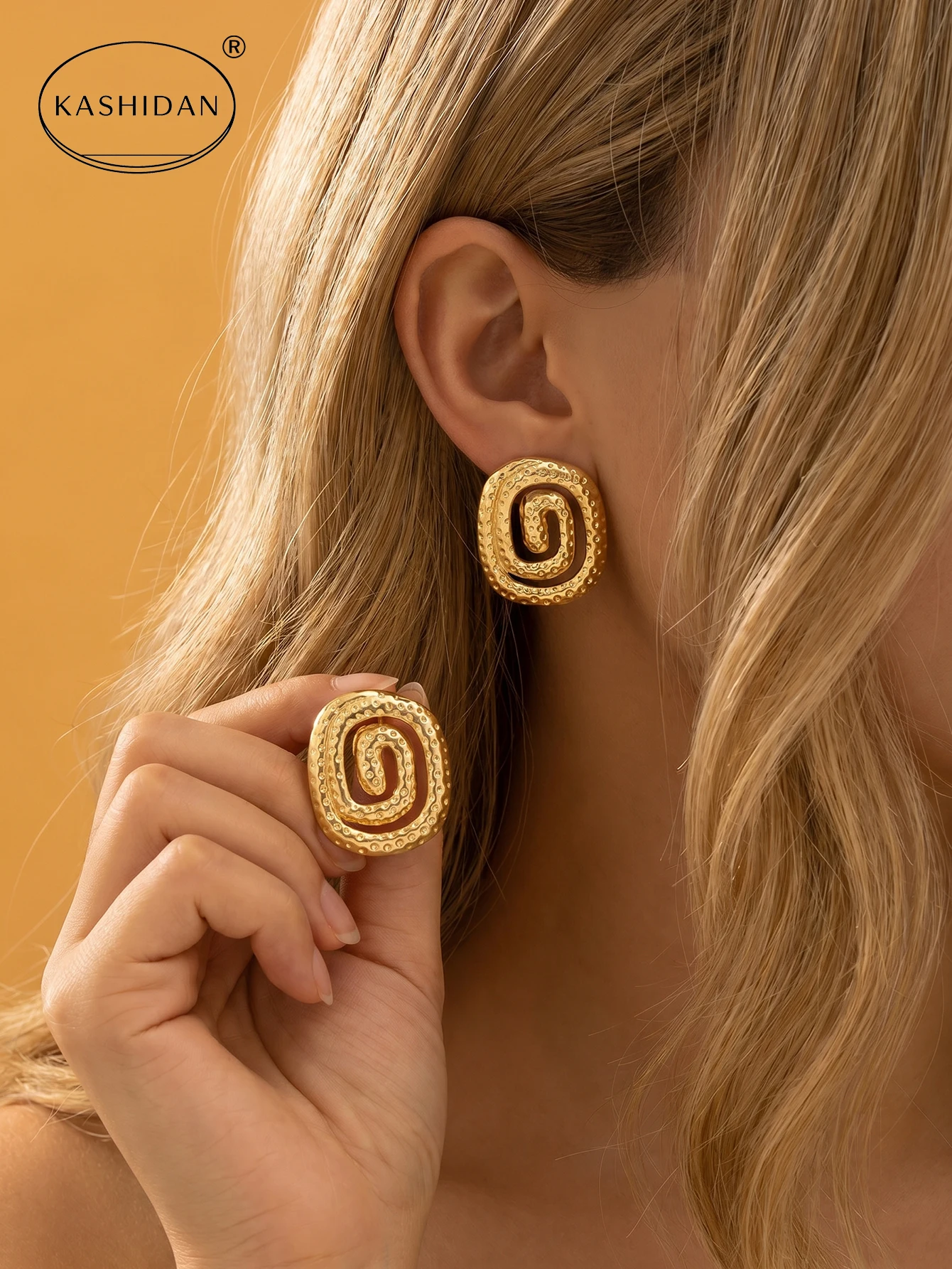 French Vintage Gold Color Metal Earrings Chunky Fluted Stirrup Drop Earrings Smooth Liquid Metal Hoops Women
