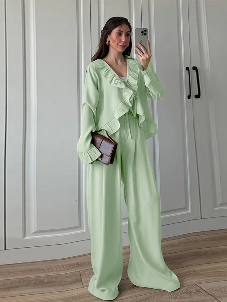 

Chic Ruffles Lace Up Women Pant Sets Solid V-neck Flare Sleeve Shirts Loose Wide Leg Pants Female Outfits Summer Lady Streetwear